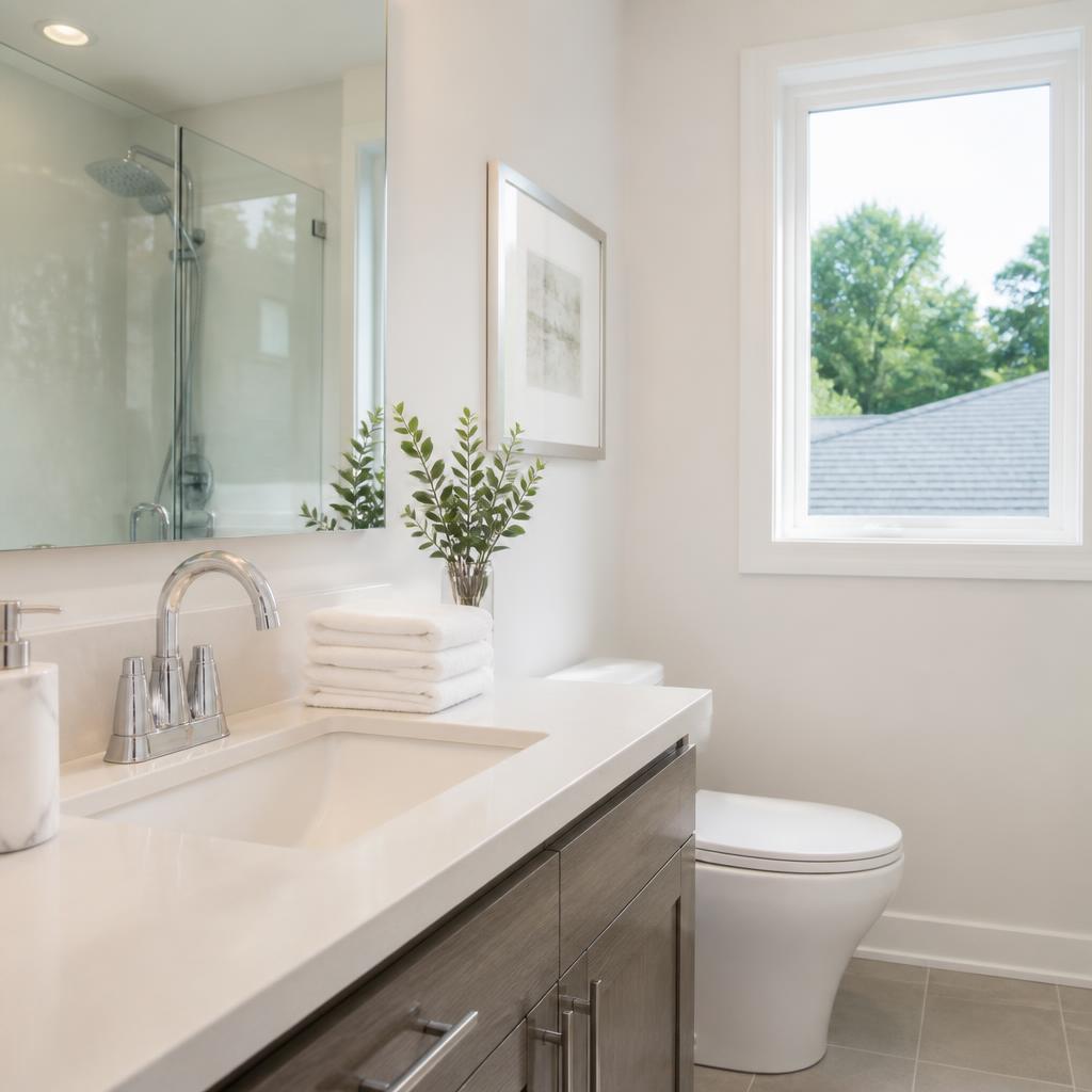 Freshly cleaned bathroom with folded white towels